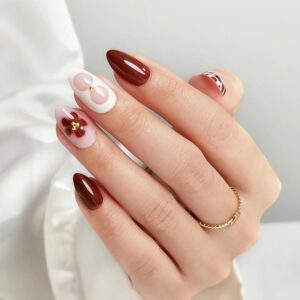 Cherry Bloom Almond Press-On Nails | Elegant Floral Burgundy Nail Set