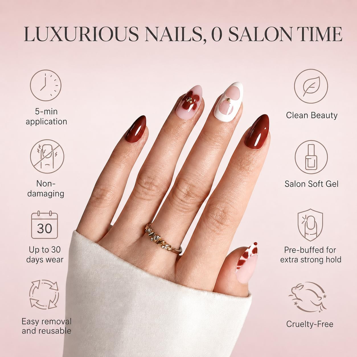 Cherry Bloom Almond Press-On Nails | Elegant Floral Burgundy Nail Set - Image 2