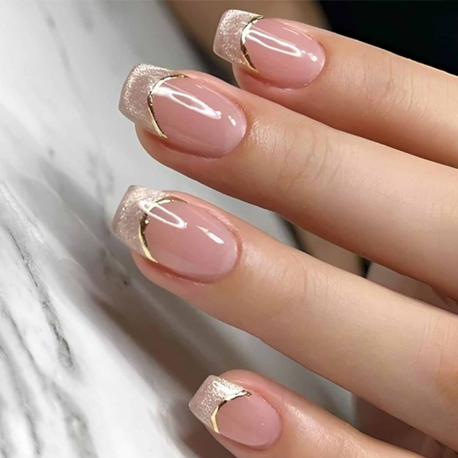 Premium Reusable Press-On Nails – Elegant Gold French Tip Manicure Set