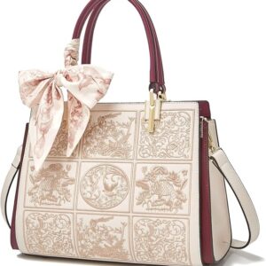 FOXLOVER Medium Vintage Designer Tote Bag for Women – Elegant Top Handle Satchel Purse with Shoulder Strap, Embossed Floral Handbag in Beige & Burgundy