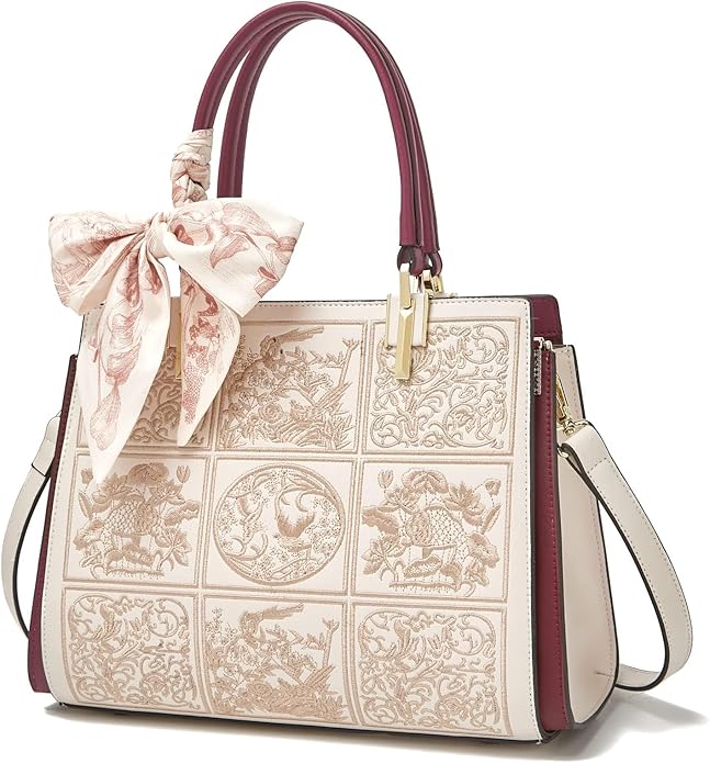 FOXLOVER Medium Vintage Designer Tote Bag for Women – Elegant Top Handle Satchel Purse with Shoulder Strap, Embossed Floral Handbag in Beige & Burgundy