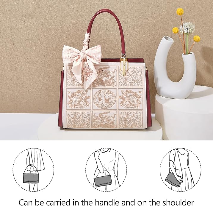 FOXLOVER Medium Vintage Designer Tote Bag for Women – Elegant Top Handle Satchel Purse with Shoulder Strap, Embossed Floral Handbag in Beige & Burgundy - Image 2