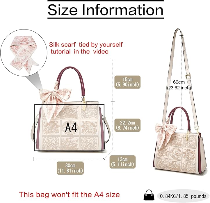 FOXLOVER Medium Vintage Designer Tote Bag for Women – Elegant Top Handle Satchel Purse with Shoulder Strap, Embossed Floral Handbag in Beige & Burgundy - Image 4