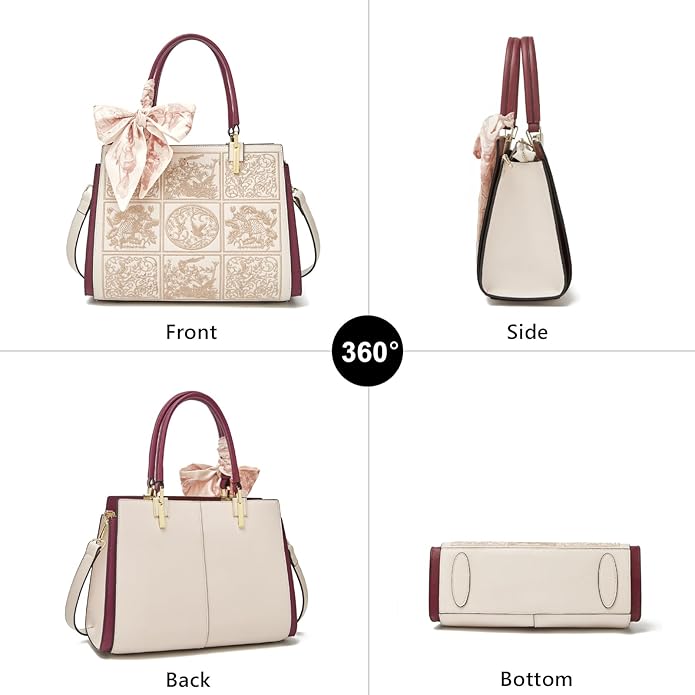 FOXLOVER Medium Vintage Designer Tote Bag for Women – Elegant Top Handle Satchel Purse with Shoulder Strap, Embossed Floral Handbag in Beige & Burgundy - Image 5