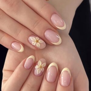 Elegant Floral French Tip Press-On Nails – Soft Nude Almond Manicure with 3D Flower Accent