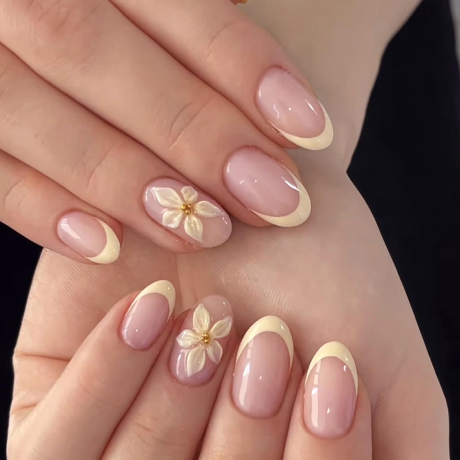 Elegant Floral French Tip Press-On Nails – Soft Nude Almond Manicure with 3D Flower Accent